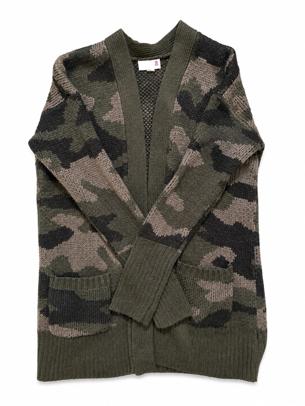 SO Camo Open Front Knit Cardigan Sweater XS Green Utility Cozy